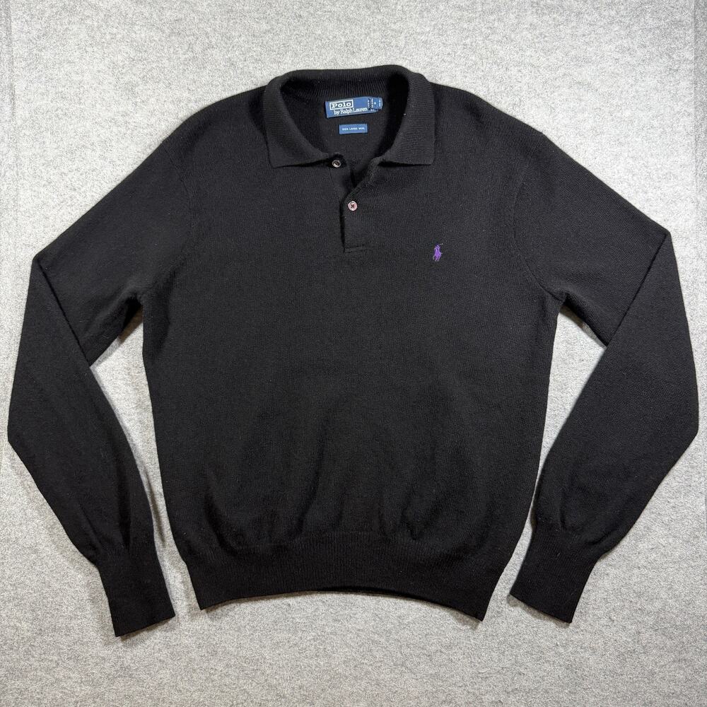 Polo Ralph Lauren Mens L Black Lambswool Knit Polo Sweater Preppy Vintage 80-90s